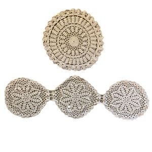 Handmade Crochet Vintage Ecru Beige 2 Doilies 27” x 8” Table Topper 12” Circle